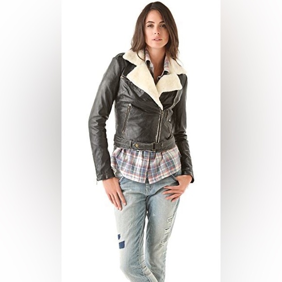 NWT Current/Elliott The Shearling Leather Biker Black Jacket Sz 1 - Picture 4 of 11